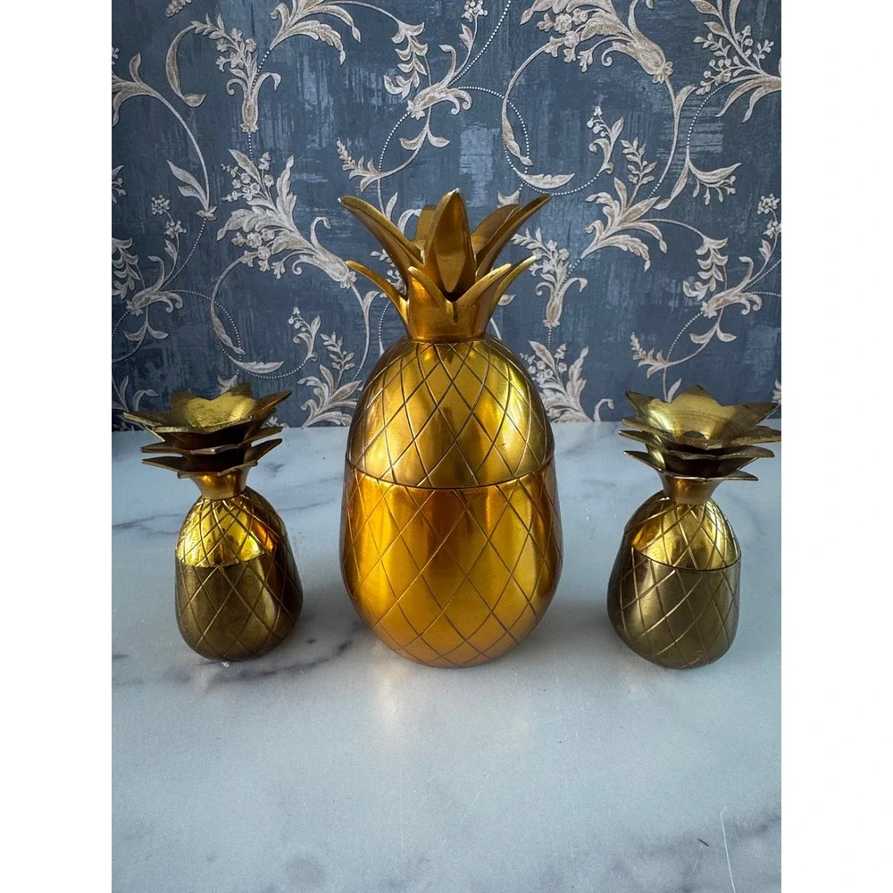 Vintage Brass Pineapple Set 3pc Hollywood Regency/Tiki Gold Barware Decor 7